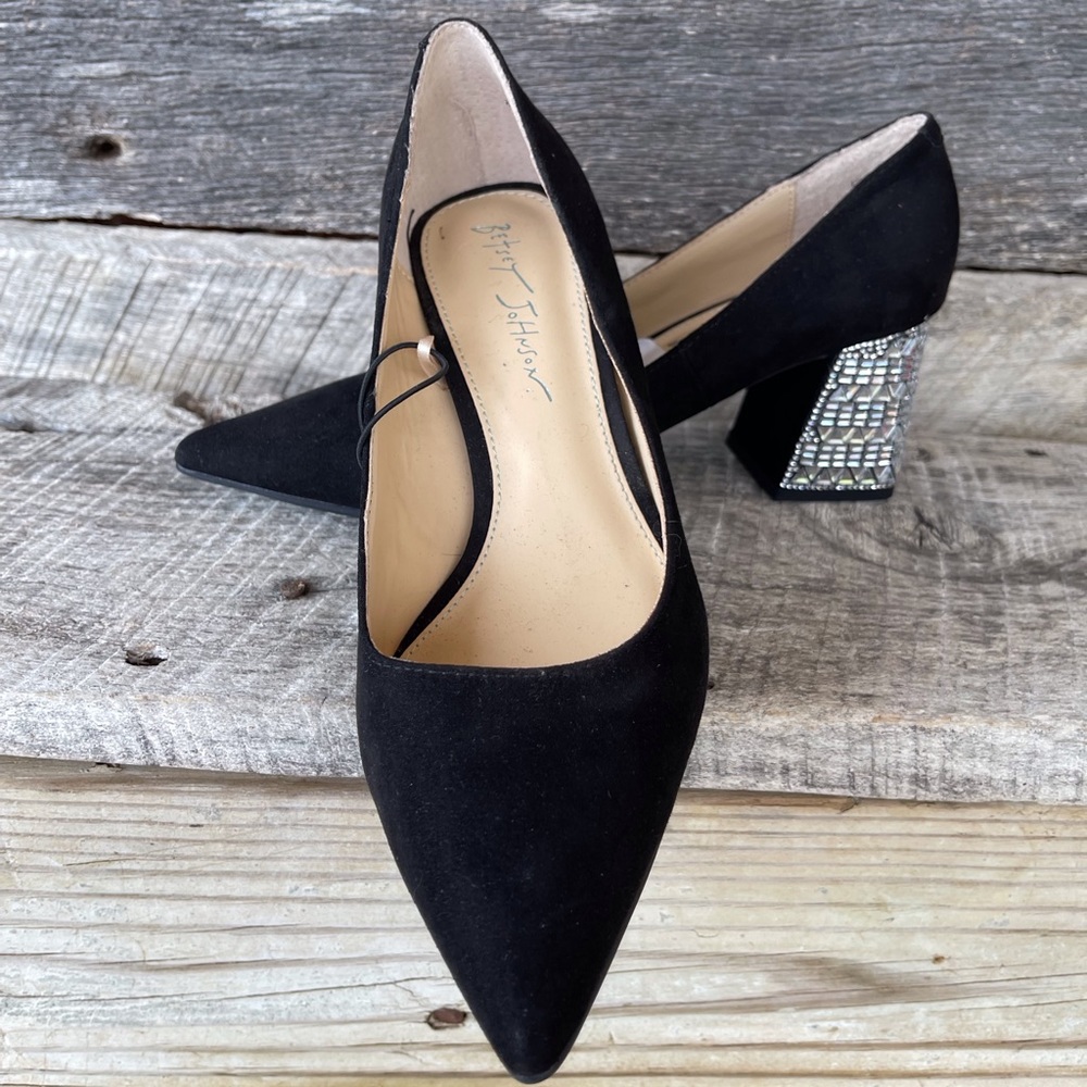 Betsey Johnson Pointed Toe Rhinestone Block Heel Pumps.